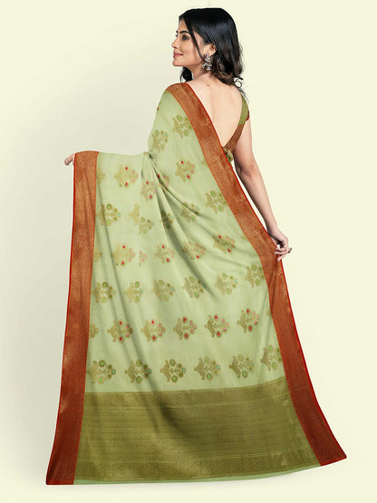 Faishana Presents Green Cotton Paisley Booti Check  Border With Green Blouse Banarasi Saree
