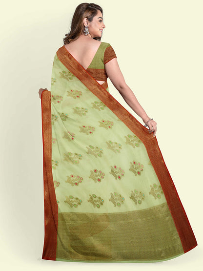 Faishana Presents Green Cotton Paisley Booti Check  Border With Green Blouse Banarasi Saree