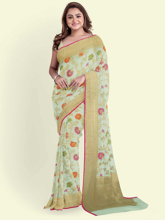 Faishana Presents Green Cotton Abstarct Pattern With Green Blouse Banarasi Saree