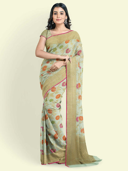 Faishana Presents Green Cotton Abstarct Pattern With Green Blouse Banarasi Saree