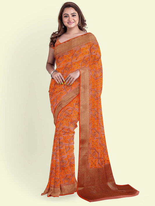 Faishana Presents Orange Cotton Abstarct Pattern With Orange Blouse Banarasi Saree
