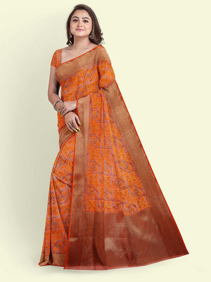 Faishana Presents Orange Cotton Abstarct Pattern With Orange Blouse Banarasi Saree