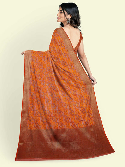 Faishana Presents Orange Cotton Abstarct Pattern With Orange Blouse Banarasi Saree