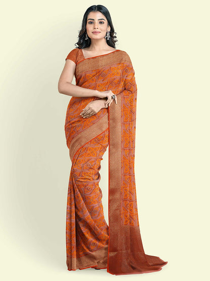 Faishana Presents Orange Cotton Abstarct Pattern With Orange Blouse Banarasi Saree