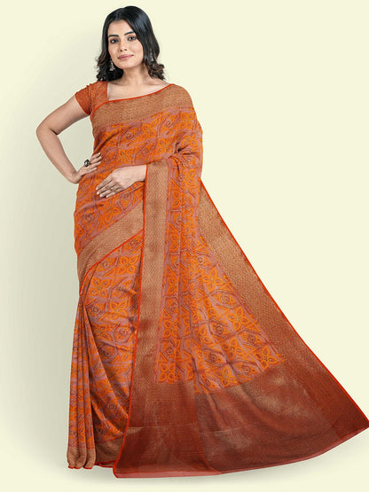Faishana Presents Orange Cotton Abstarct Pattern With Orange Blouse Banarasi Saree