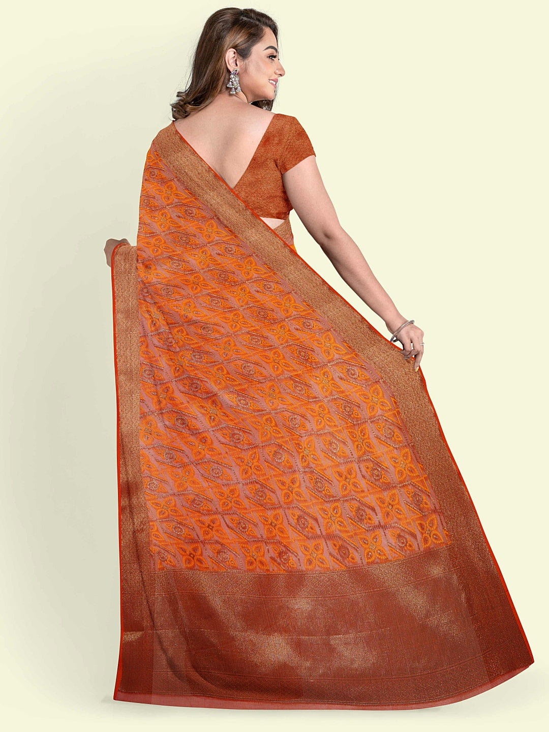 Faishana Presents Orange Cotton Abstarct Pattern With Orange Blouse Banarasi Saree