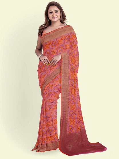 Faishana Presents Pink Abstract Pattern With Tan Border And Pink Blouse Banarasi Saree