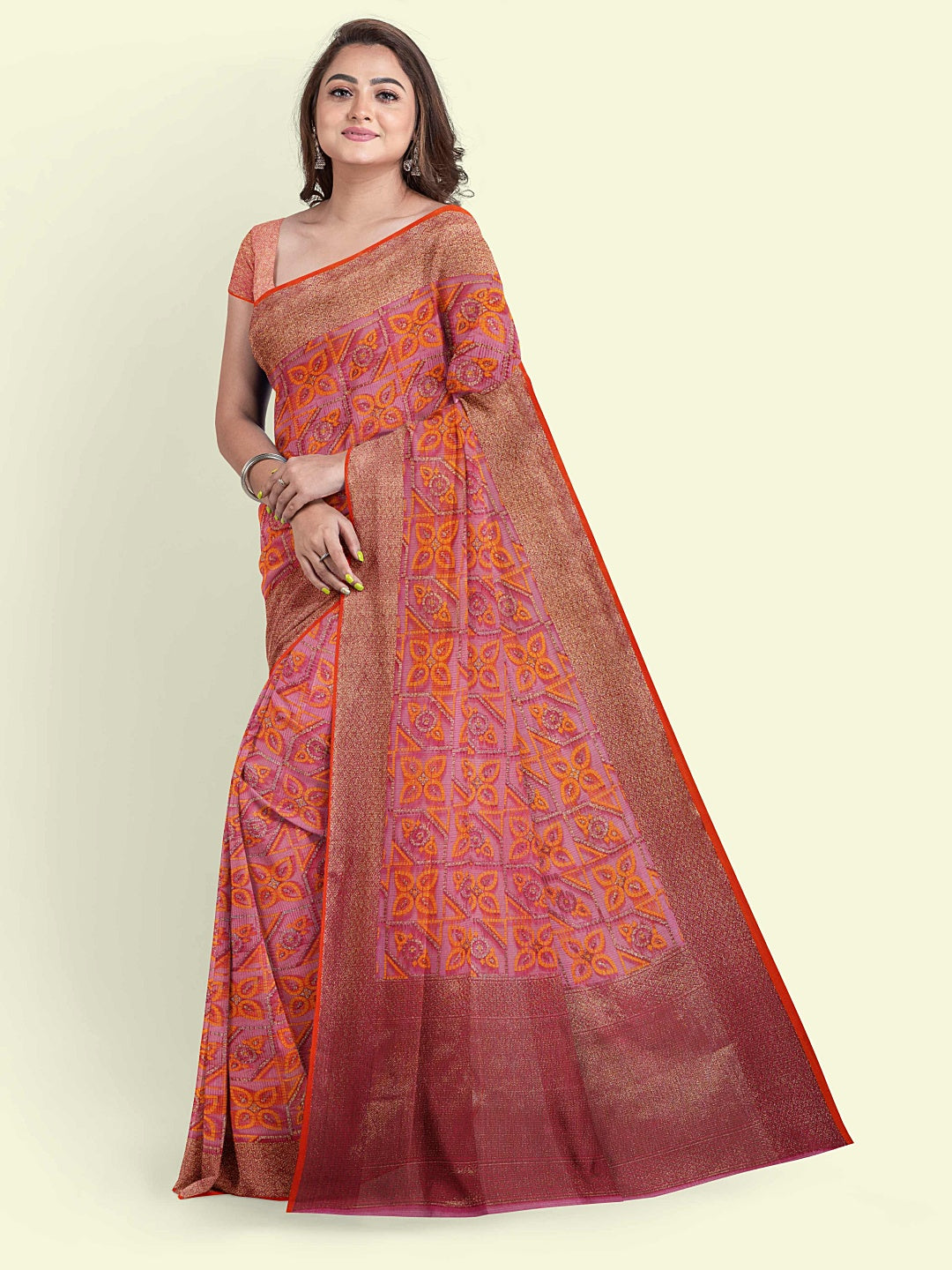 Faishana Presents Pink Abstract Pattern With Tan Border And Pink Blouse Banarasi Saree