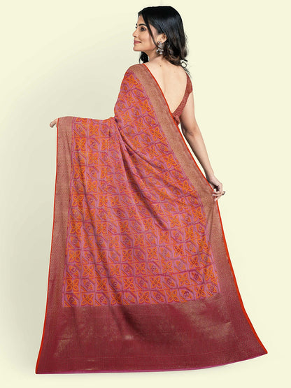 Faishana Presents Pink Abstract Pattern With Tan Border And Pink Blouse Banarasi Saree