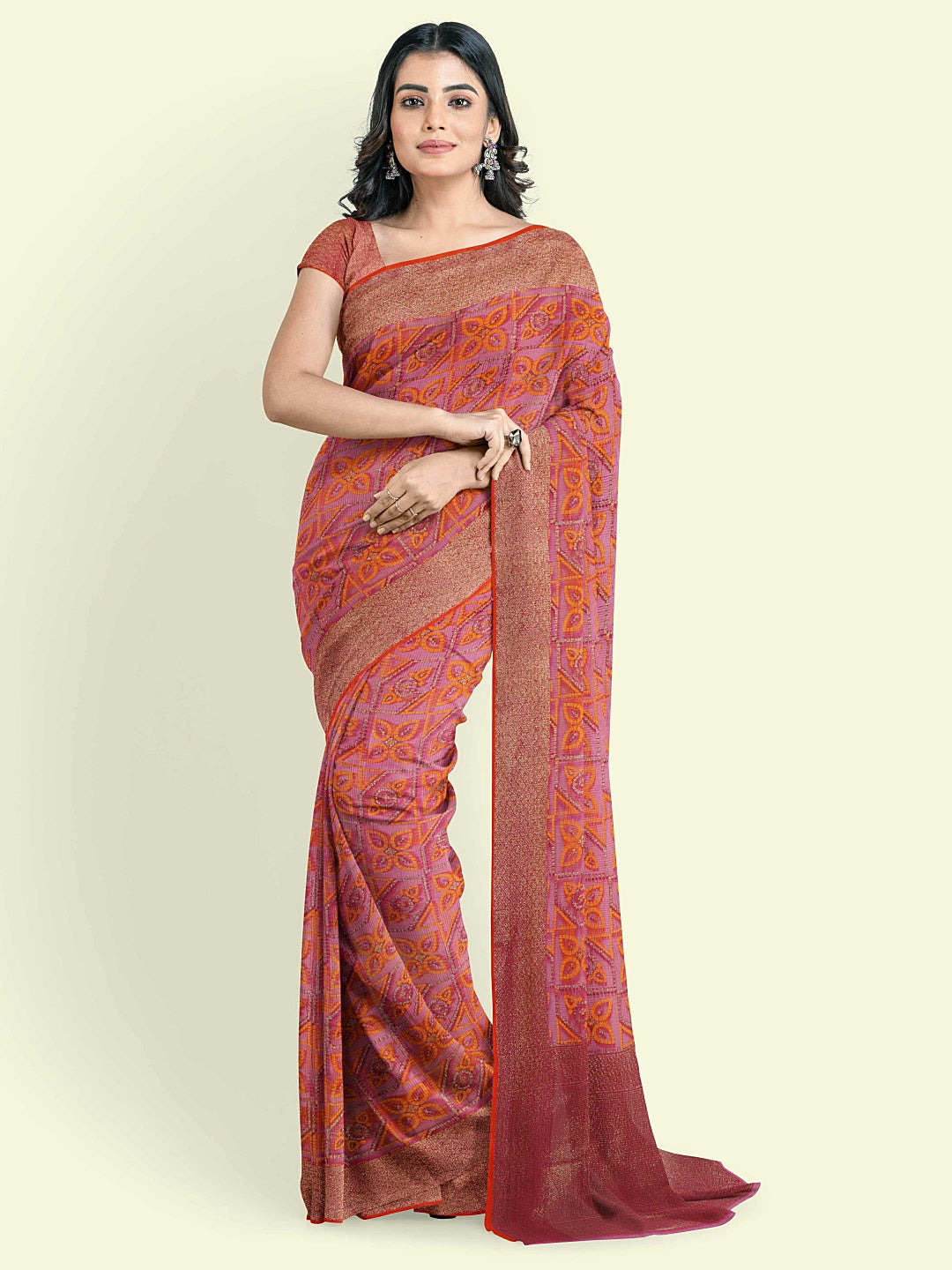 Faishana Presents Pink Abstract Pattern With Tan Border And Pink Blouse Banarasi Saree