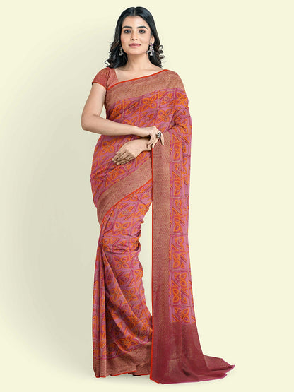 Faishana Presents Pink Abstract Pattern With Tan Border And Pink Blouse Banarasi Saree