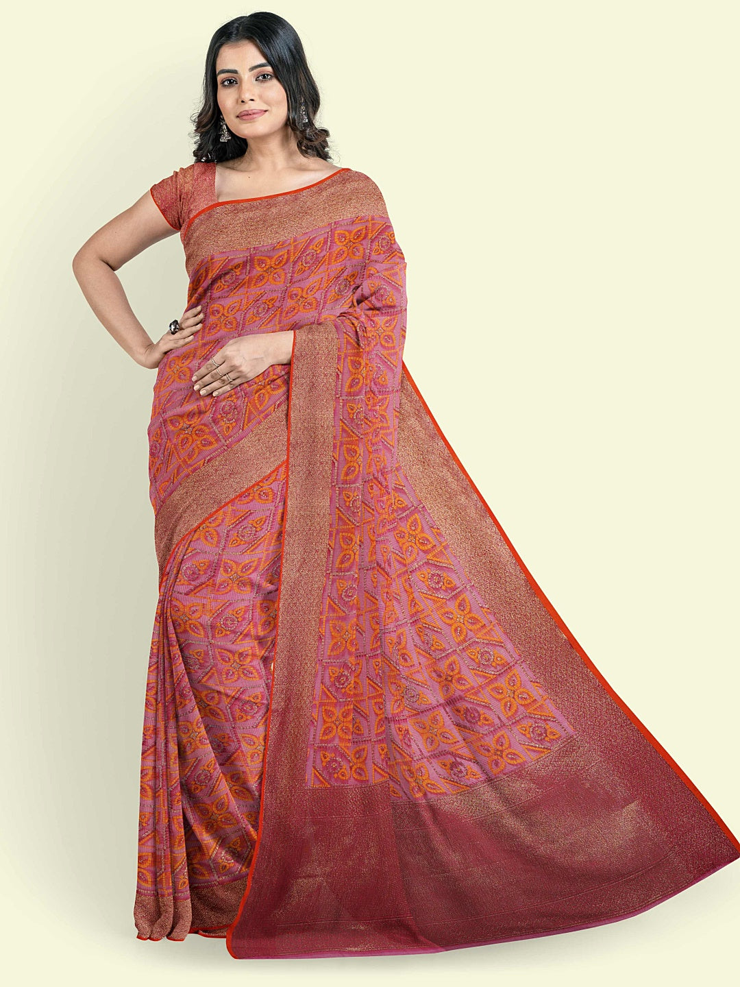 Faishana Presents Pink Abstract Pattern With Tan Border And Pink Blouse Banarasi Saree