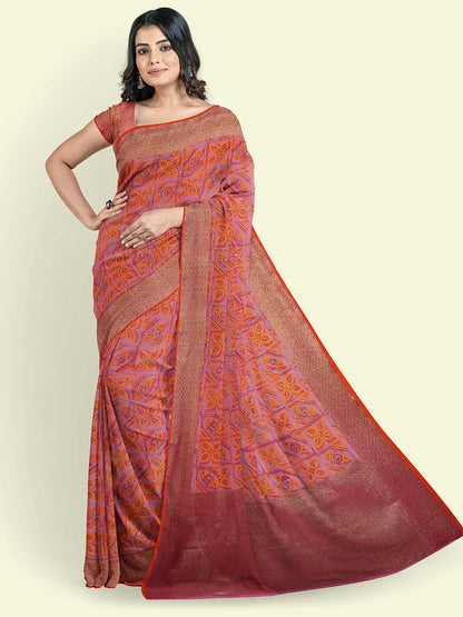 Faishana Presents Pink Abstract Pattern With Tan Border And Pink Blouse Banarasi Saree