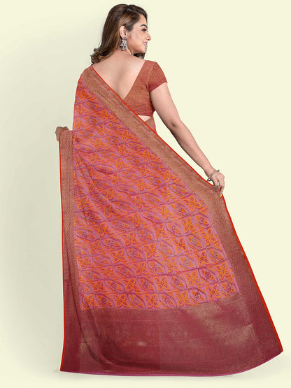 Faishana Presents Pink Abstract Pattern With Tan Border And Pink Blouse Banarasi Saree