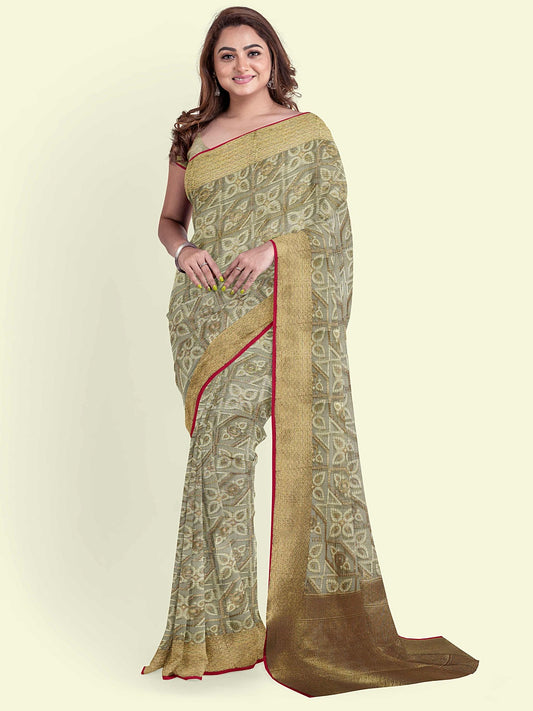 Faishana Presents Grey Cotton Paisley Stripe Zari With Grey Blouse Banarasi Saree