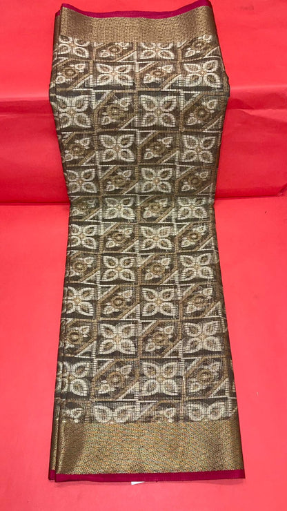 Faishana Presents Grey Cotton Paisley Stripe Zari With Grey Blouse Banarasi Saree