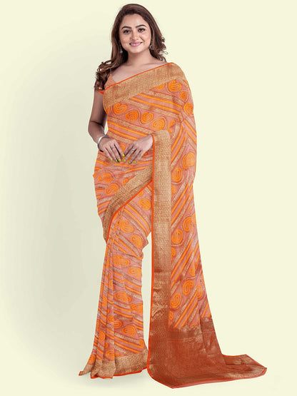 Faishana Presents Orange Cotton Paisley Stripe Zari With Orange Blouse Banarasi Saree