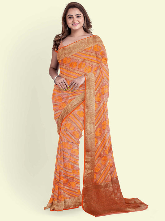 Faishana Presents Orange Cotton Paisley Stripe Zari With Orange Blouse Banarasi Saree