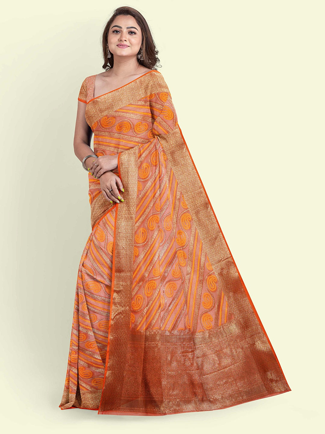 Faishana Presents Orange Cotton Paisley Stripe Zari With Orange Blouse Banarasi Saree