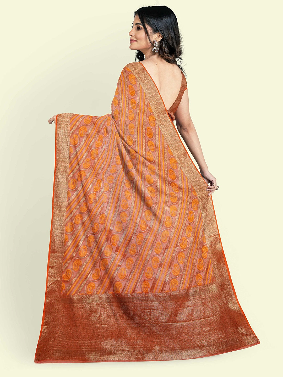 Faishana Presents Orange Cotton Paisley Stripe Zari With Orange Blouse Banarasi Saree