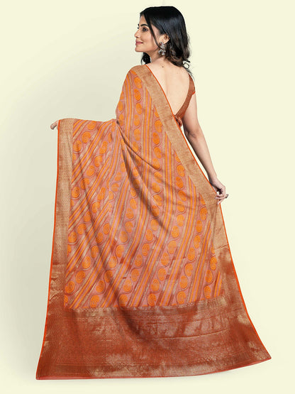 Faishana Presents Orange Cotton Paisley Stripe Zari With Orange Blouse Banarasi Saree