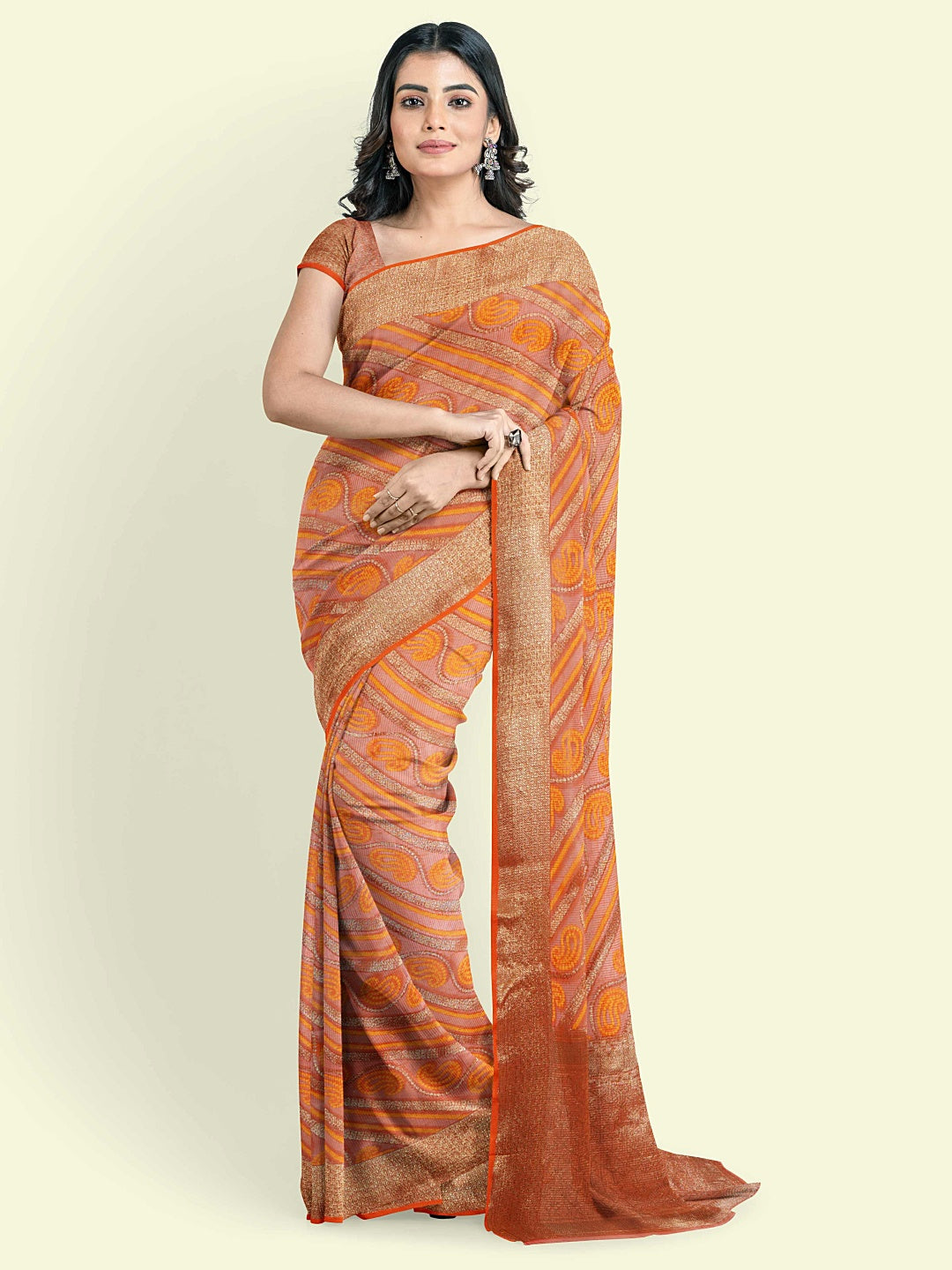 Faishana Presents Orange Cotton Paisley Stripe Zari With Orange Blouse Banarasi Saree