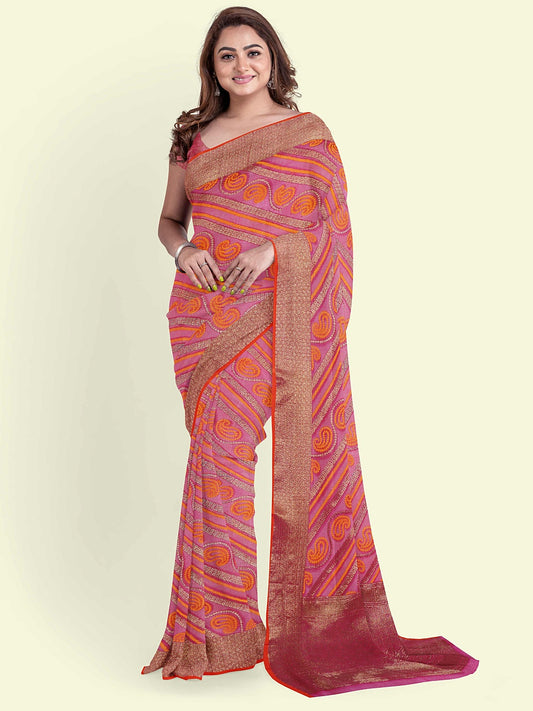 Faishana Presents Pink Cotton Paisley Stripe Zari With Pink Blouse Banarasi Saree