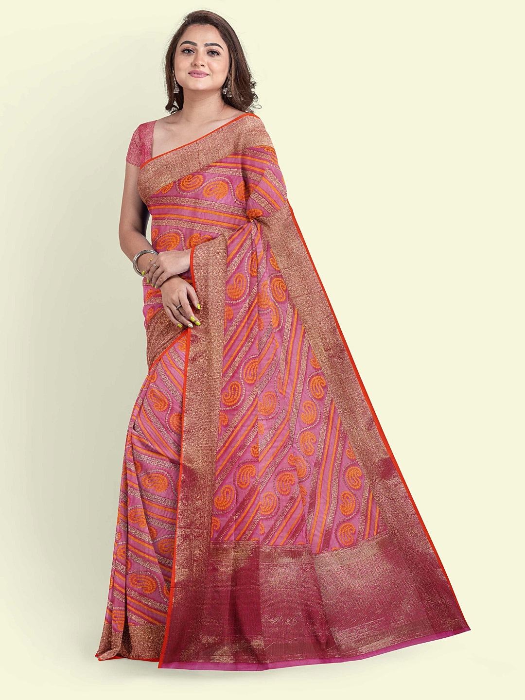 Faishana Presents Pink Cotton Paisley Stripe Zari With Pink Blouse Banarasi Saree