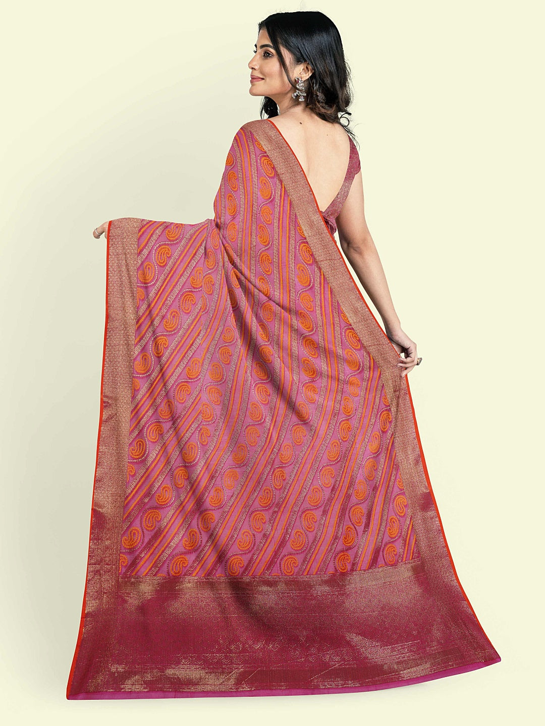 Faishana Presents Pink Cotton Paisley Stripe Zari With Pink Blouse Banarasi Saree