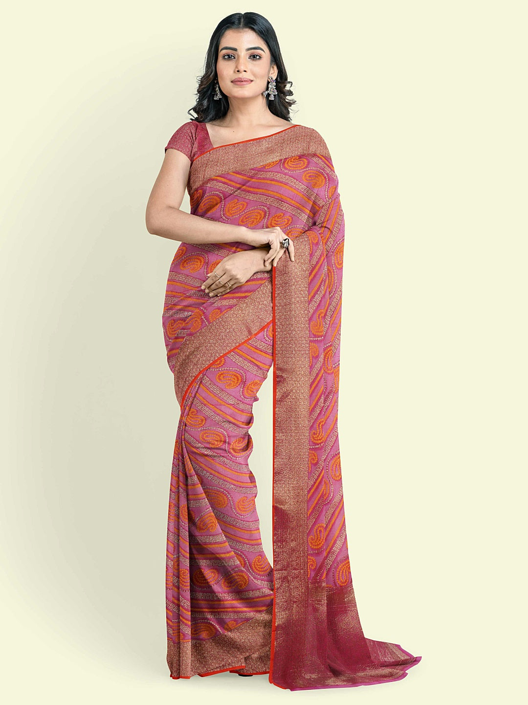 Faishana Presents Pink Cotton Paisley Stripe Zari With Pink Blouse Banarasi Saree
