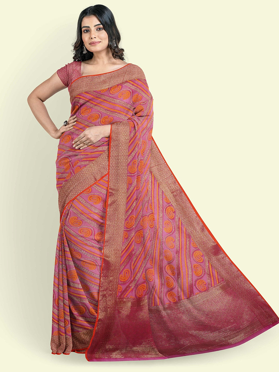 Faishana Presents Pink Cotton Paisley Stripe Zari With Pink Blouse Banarasi Saree
