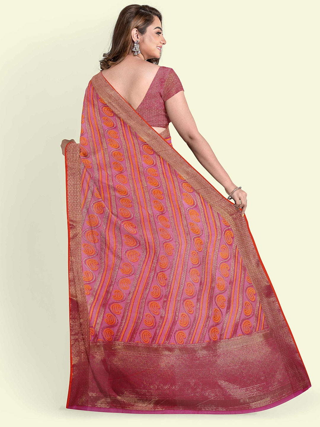 Faishana Presents Pink Cotton Paisley Stripe Zari With Pink Blouse Banarasi Saree