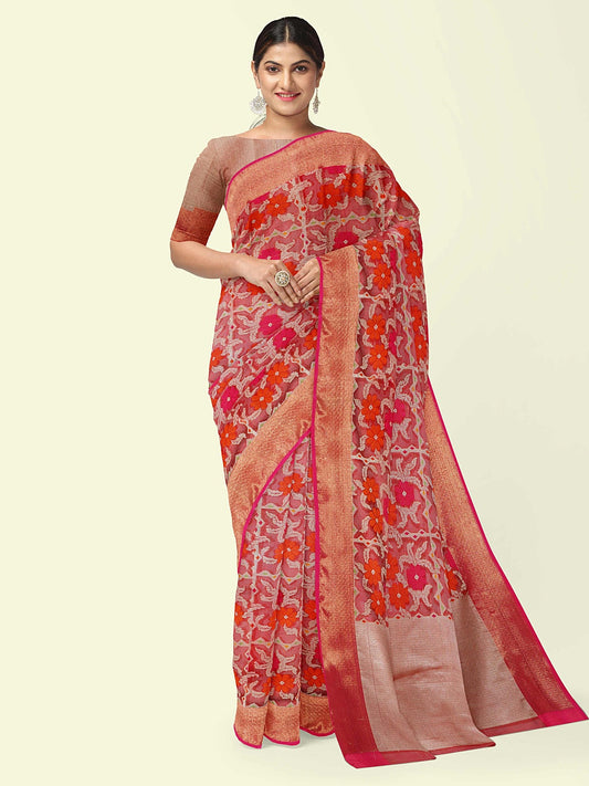 Faishana Presents Red Floral Jaal Pattern With Red Border And Red Blouse Banarasi Saree