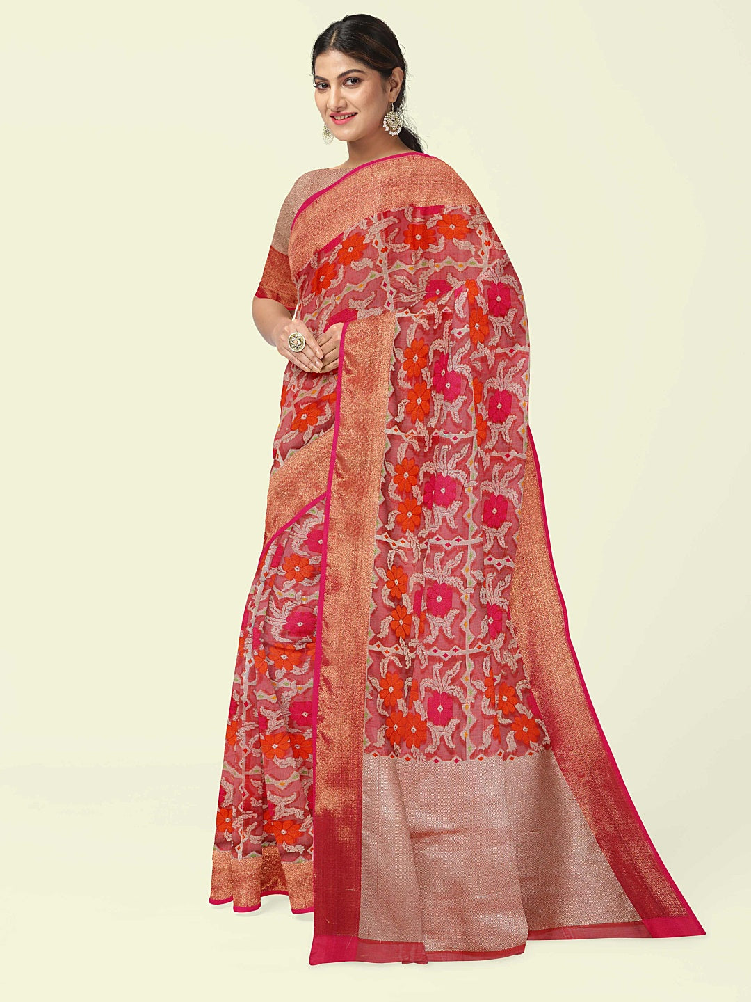 Faishana Presents Red Floral Jaal Pattern With Red Border And Red Blouse Banarasi Saree