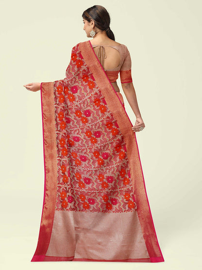 Faishana Presents Red Floral Jaal Pattern With Red Border And Red Blouse Banarasi Saree