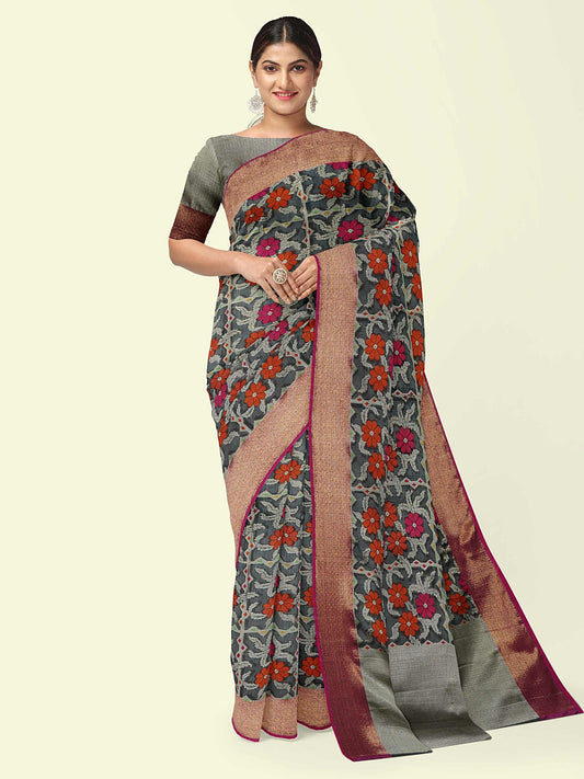 Faishana Presents Black Cotton Geometrical Pattern With Pink Border With Grey Blouse Banarasi Saree