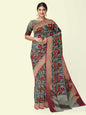 Faishana Presents Black Cotton Geometrical Pattern With Pink Border With Grey Blouse Banarasi Saree