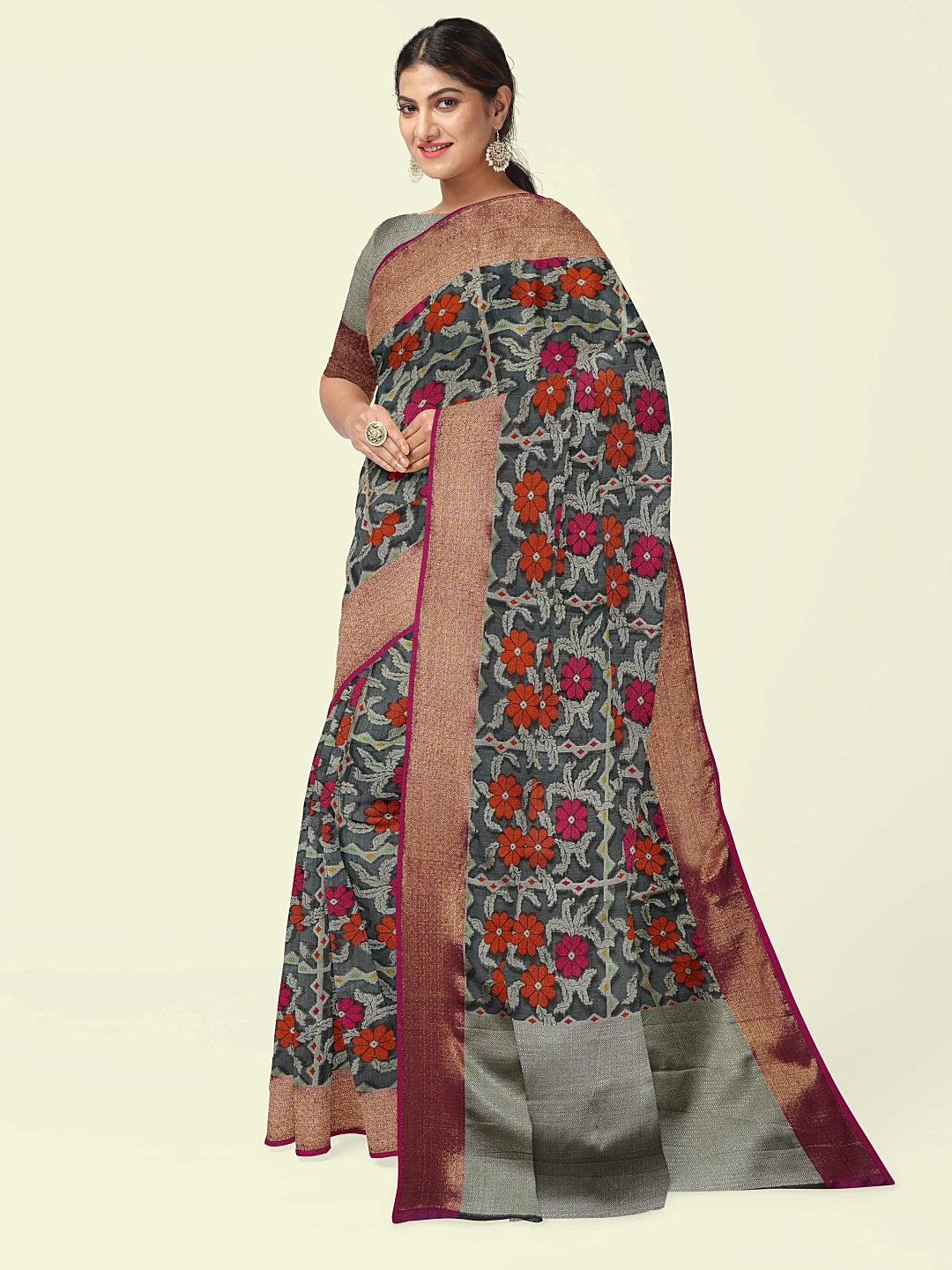Faishana Presents Black Cotton Geometrical Pattern With Pink Border With Grey Blouse Banarasi Saree