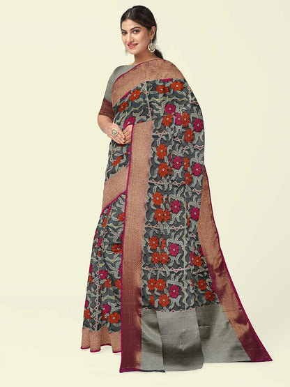 Faishana Presents Black Cotton Geometrical Pattern With Pink Border With Grey Blouse Banarasi Saree