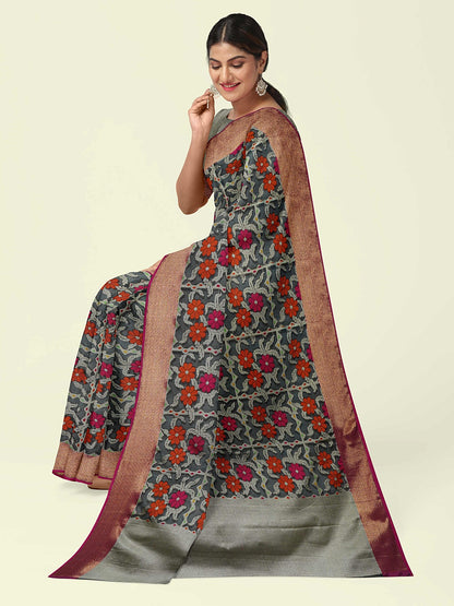 Faishana Presents Black Cotton Geometrical Pattern With Pink Border With Grey Blouse Banarasi Saree