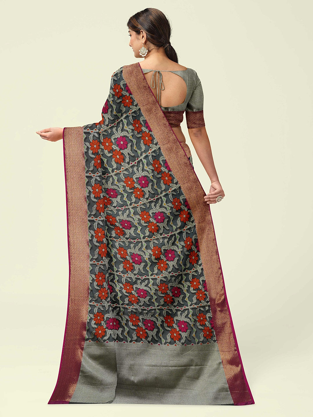 Faishana Presents Black Cotton Geometrical Pattern With Pink Border With Grey Blouse Banarasi Saree