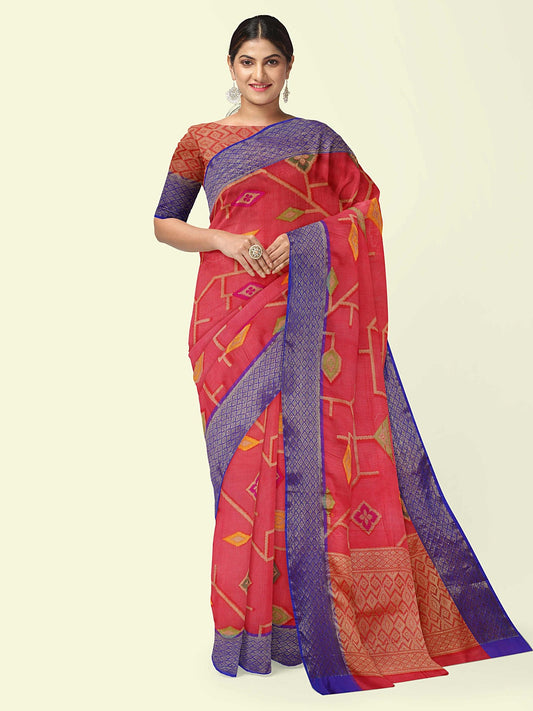 Faishana Presents Red Cotton Geometrical Pattern With Blue Border And Red Blouse Banarasi Saree