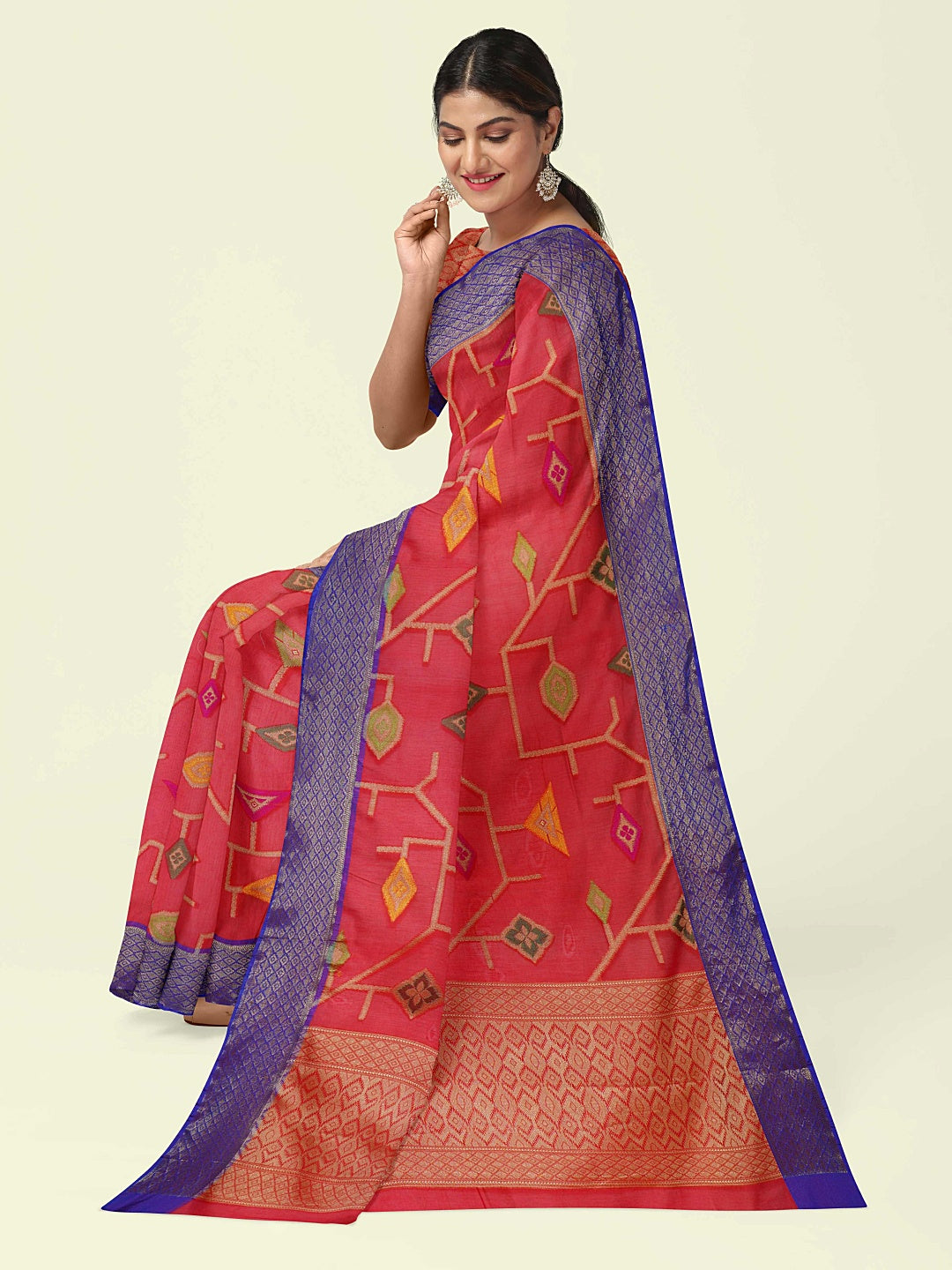 Faishana Presents Red Cotton Geometrical Pattern With Blue Border And Red Blouse Banarasi Saree
