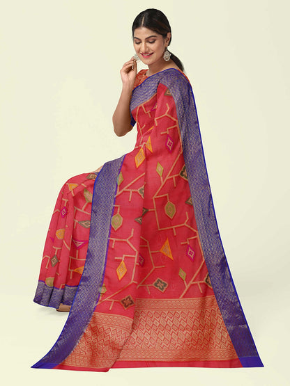 Faishana Presents Red Cotton Geometrical Pattern With Blue Border And Red Blouse Banarasi Saree