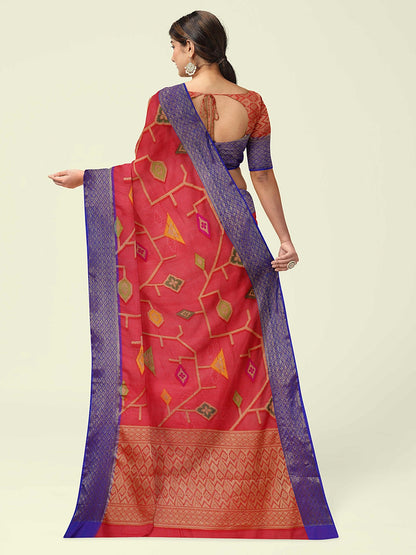 Faishana Presents Red Cotton Geometrical Pattern With Blue Border And Red Blouse Banarasi Saree