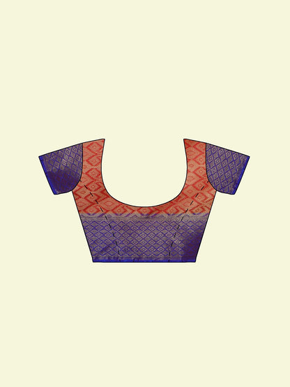 Faishana Presents Red Cotton Geometrical Pattern With Blue Border And Red Blouse Banarasi Saree