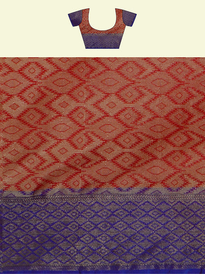 Faishana Presents Red Cotton Geometrical Pattern With Blue Border And Red Blouse Banarasi Saree