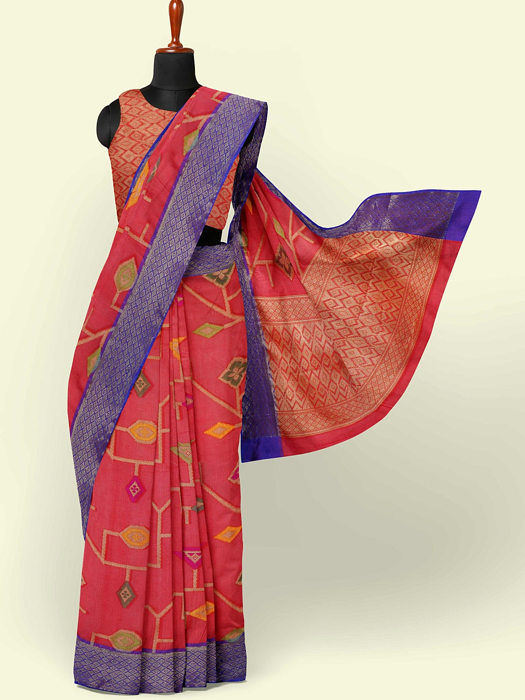 Faishana Presents Red Cotton Geometrical Pattern With Blue Border And Red Blouse Banarasi Saree