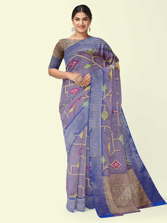 Faishana Presents Blue Cotton Geometrical Pattern With Blue Border And Blue Blouse Banarasi Saree