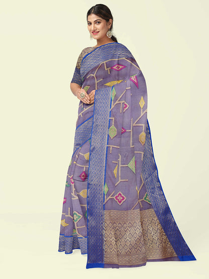 Faishana Presents Blue Cotton Geometrical Pattern With Blue Border And Blue Blouse Banarasi Saree